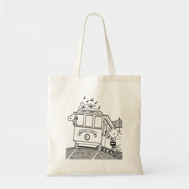 Snoopy, Woodstock, & Charlie Brown on a Trolley Tote Bag (Front)