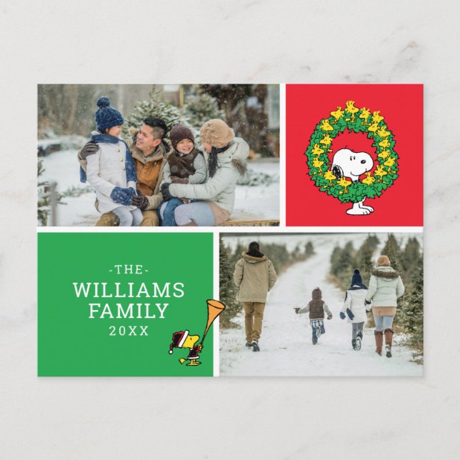 Snoopy & Woodstock Christmas Family Photo Collage Holiday Postcard (Front)