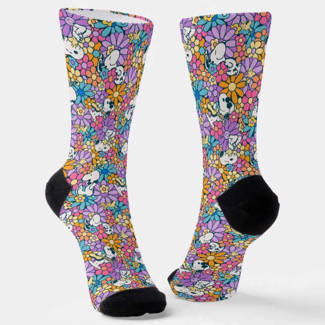 Snoopy & Woodstock Flower Pattern Socks (Angled)