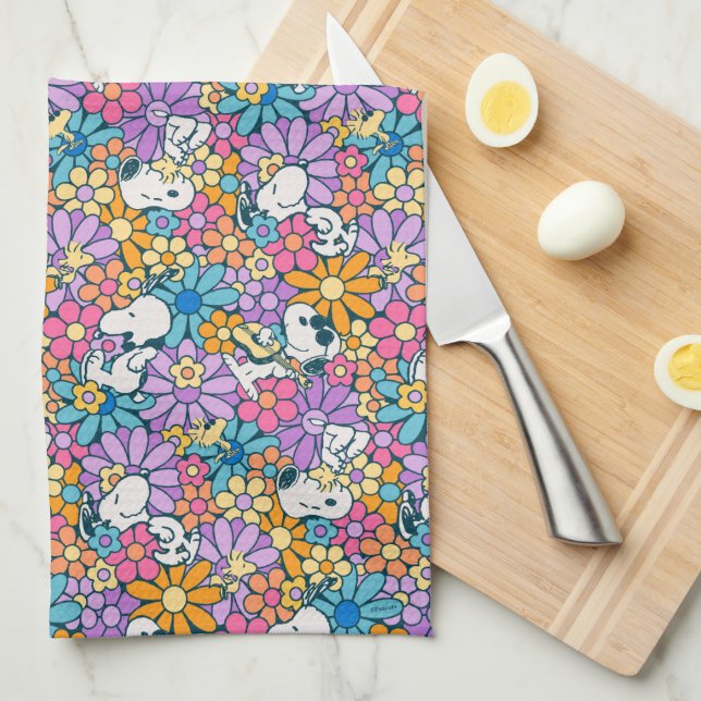 Snoopy & Woodstock Flower Pattern Tea Towel (Quarter Fold)