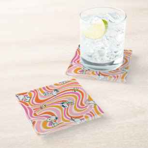 Snoopy & Woodstock Groovy Vibes Orange Pattern Glass Coaster