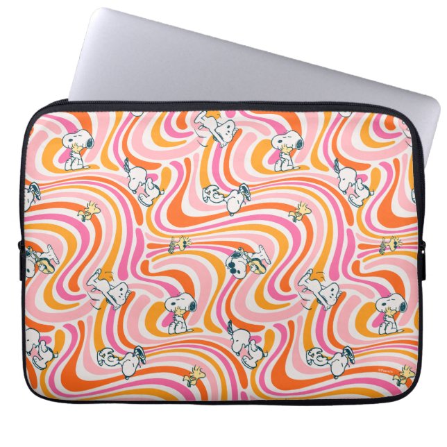 Snoopy & Woodstock Groovy Vibes Orange Pattern Laptop Sleeve (Front)