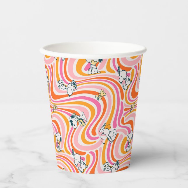 Snoopy & Woodstock Groovy Vibes Orange Pattern Paper Cups (Front)
