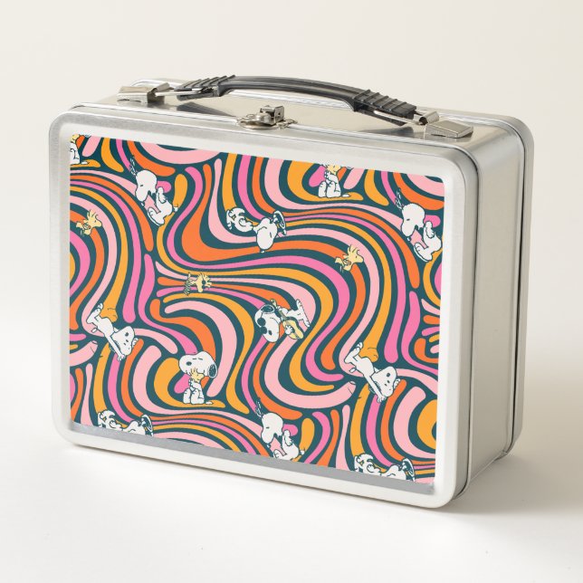 Snoopy & Woodstock Groovy Vibes Purple Pattern Metal Lunch Box (Front)