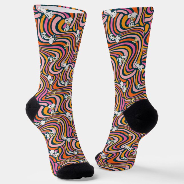 Snoopy & Woodstock Groovy Vibes Purple Pattern Socks (Angled)