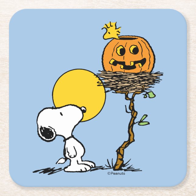 Snoopy & Woodstock Nest With Jack O' Lantern Square Paper Coaster (Front)