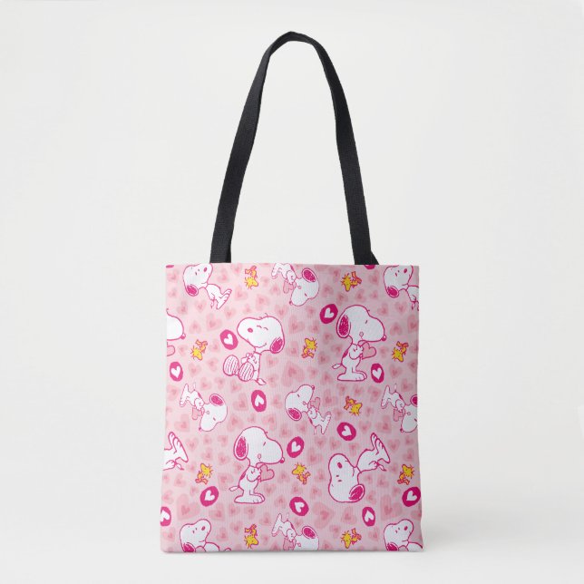 Snoopy & Woodstock Pink Hearts Pattern Tote Bag (Front)