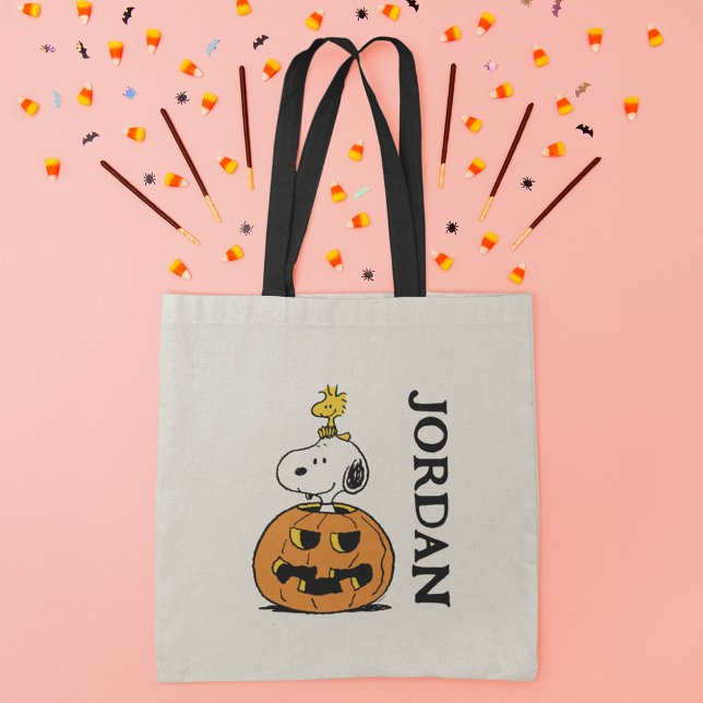 Snoopy & Woodstock Pumpkin Tote Bag (Tote bag on table)