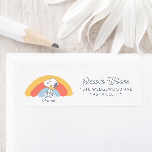 Snoopy & Woodstock Rainbow Baby Shower Return Address Label (Insitu)