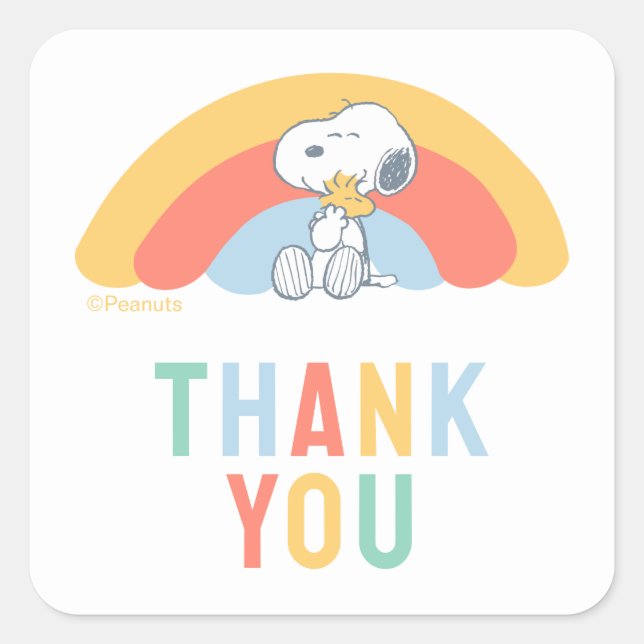Snoopy & Woodstock Rainbow Baby Shower Thank You S Square Sticker (Front)