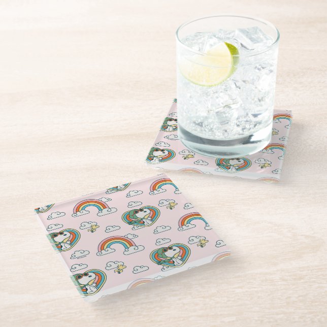 Snoopy & Woodstock Rainbow Heart Pattern Glass Coaster (Angled)