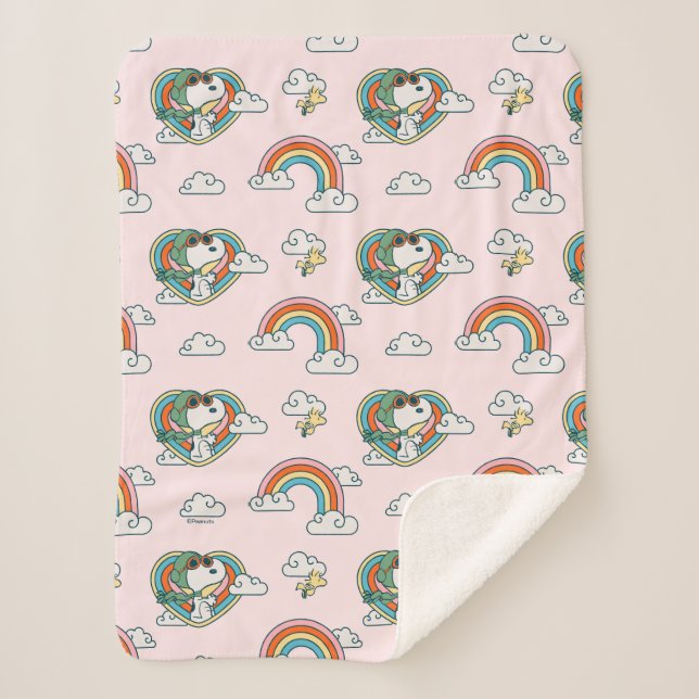 Snoopy & Woodstock Rainbow Heart Pattern Sherpa Blanket (Front)