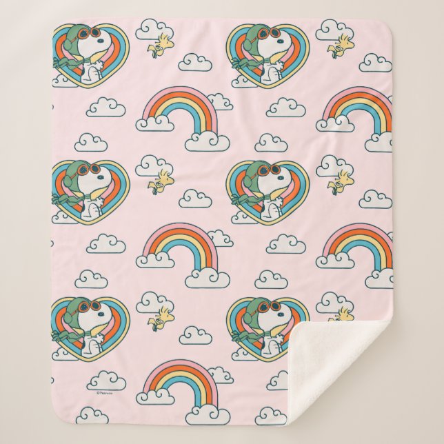 Snoopy & Woodstock Rainbow Heart Pattern Sherpa Blanket (Front)