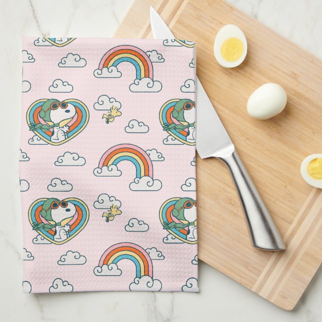 Snoopy & Woodstock Rainbow Heart Pattern Tea Towel (Quarter Fold)