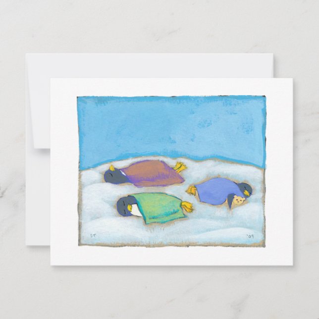 Snoozing adorable art penguins fun slumber party invitation (Front)