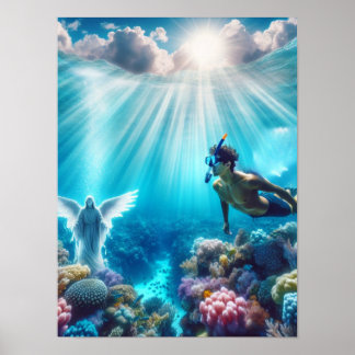 snorkeler finds an angel in the reef poster