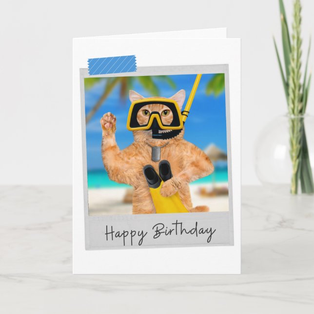Snorkeling Ginger Cat Funny Birthday Card (Front)