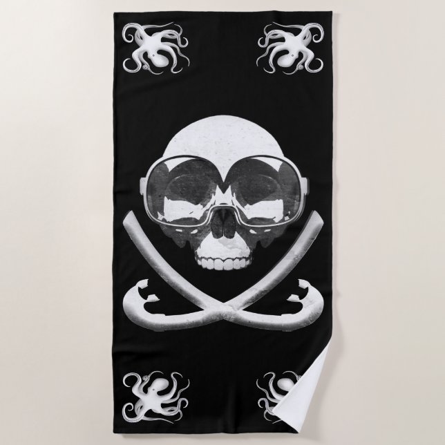 Snorkelling and Scuba Diving Pirate Skull Flag Beach Towel (Front)