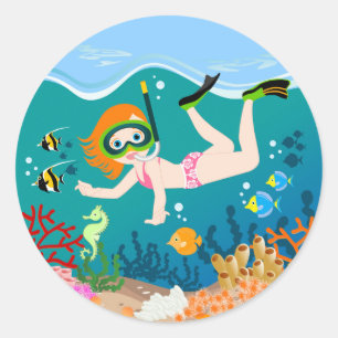 Snorkelling girl under the sea classic round sticker
