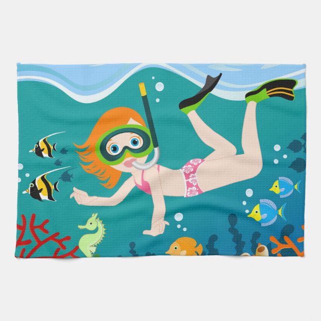 Snorkelling girl under the sea  tea towel (Horizontal)