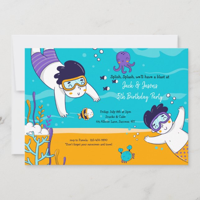 Snorkelling Twin Boys Invitation (Front)
