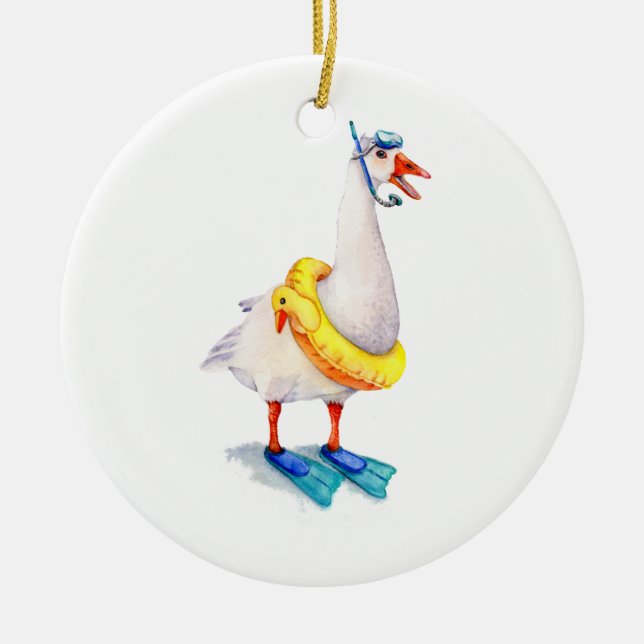 Snorkelling White Goose Ceramic Ornament (Front)