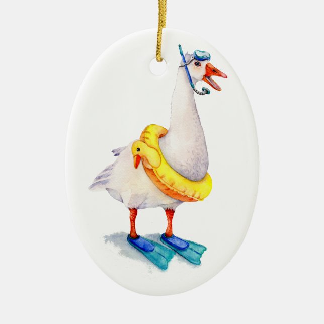 Snorkelling White Goose Ceramic Tree Decoration (Front)