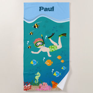 Snorkelling with tropical fish boy birthday party beach towel