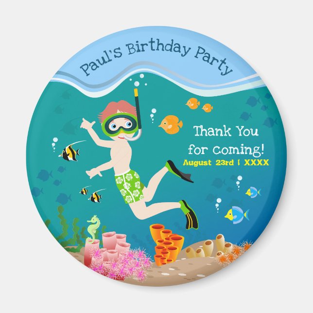 Snorkelling with tropical fish boy birthday party magnet (Front)