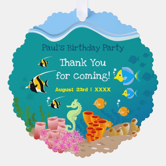 Snorkelling with tropical fish boy birthday party tree decoration card (Front)