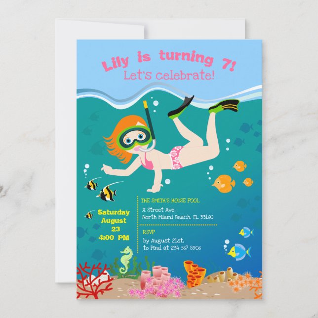 Snorkelling with tropical fish girl Birthday Party Invitation (Front)