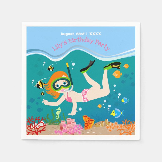 Snorkelling with tropical fish girl Birthday Party Napkin (Front)