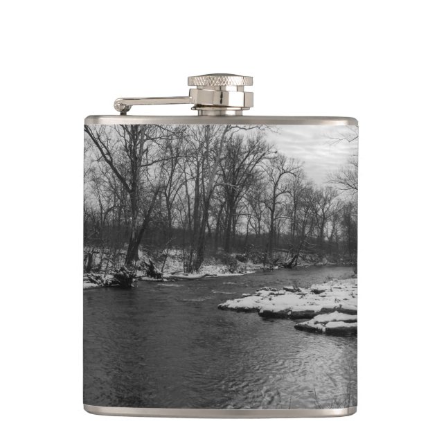 Snow Along James River Grayscale Hip Flask (Front)