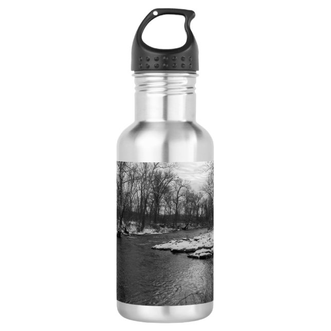 Snow Along James River Grayscale Water Bottle (Front)