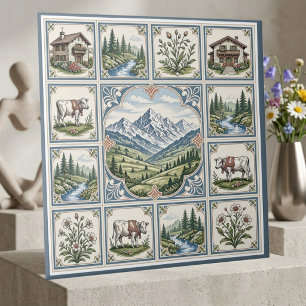 Snow Alpine Rolling Meadows Cows Rustic Chalet Art Ceramic Tile
