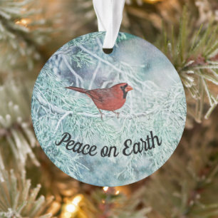 Snow and Cardinal Bird Peace on Earth Ornament