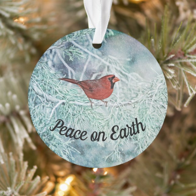 Snow and Cardinal Bird Peace on Earth Ornament (Tree)