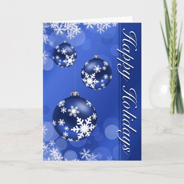 Snow and Ornament Bulb Blue Christmas Card (Front)
