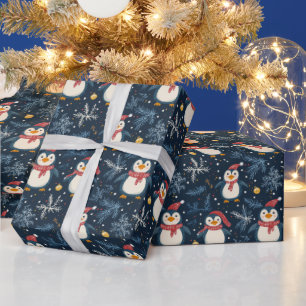 Snow and Penguins Blue Winter  Wrapping Paper