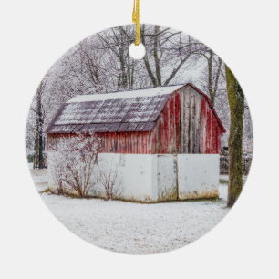 Snow At The Red Barn Ceramic Ornament