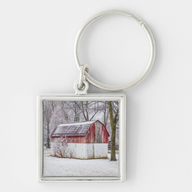 Snow At The Red Barn Key Ring (Front)