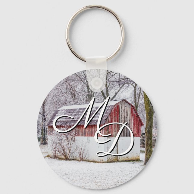 Snow At The Red Barn Keychain (Front)