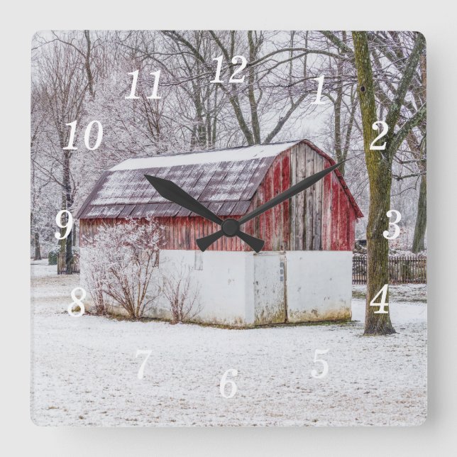 Snow At The Red Barn Wall Clock (Front)