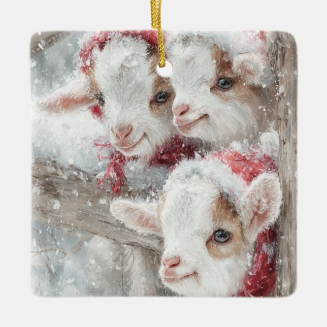 Snow Babies Christmas Goats 11 - YOUR PHOTO Ceramic Ornament (Front)