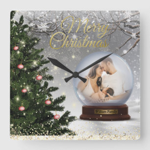 Snow Ball Monogram Name Family  Square Wall Clock