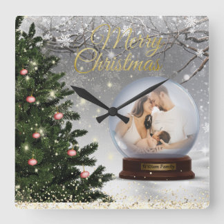Snow Ball Monogram Name Family Square Wall Clock