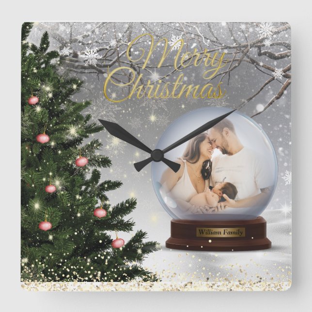 Snow Ball Monogram Name Family  Square Wall Clock (Front)