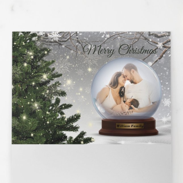Snow Ball Monogram Name Family Tri-Fold Holiday Card (Flap)