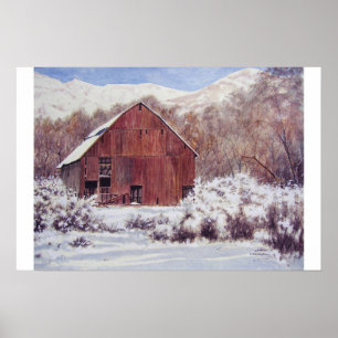 Snow Barn in the Mountains- poster