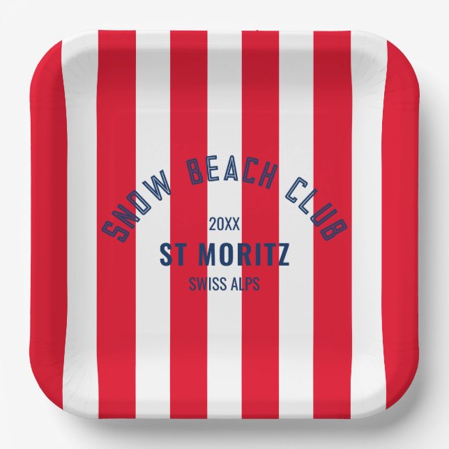 Snow Beach Club Red Cabana Stripe Custom Ski Paper Plate (Front)